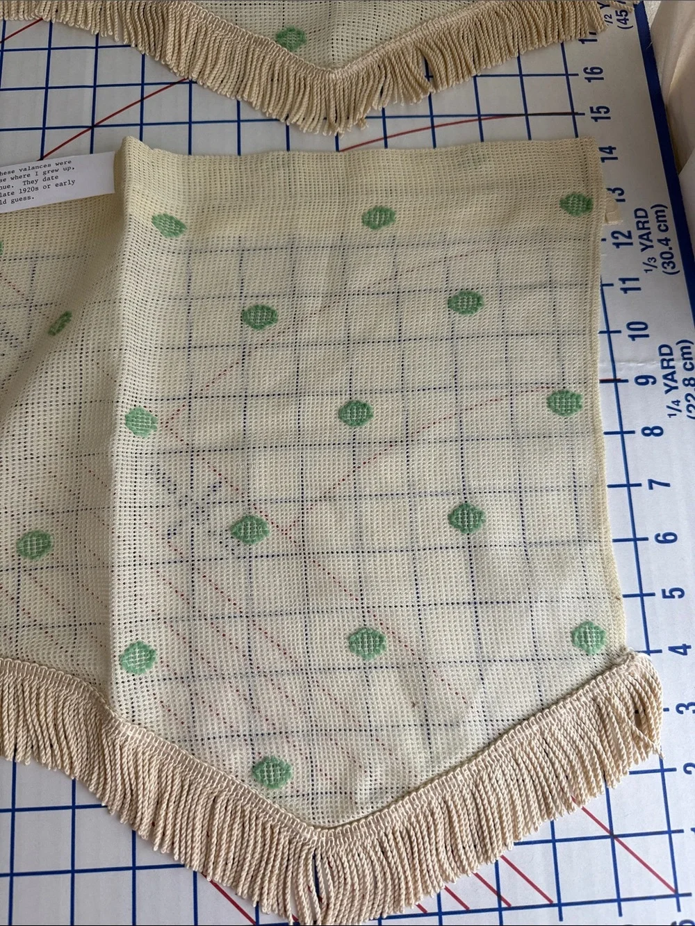 Antique 1920s 1930s Valances Set of 3 Fringed Plaid Green Dot Window Curtains